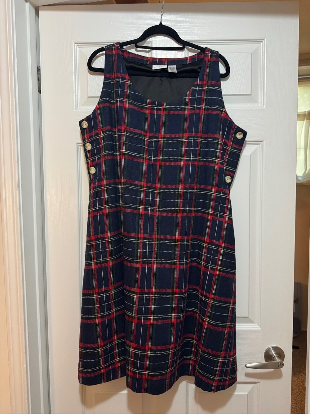 Plaid Sleeveless Shift Dress with Side Button Detail - Red/Navy